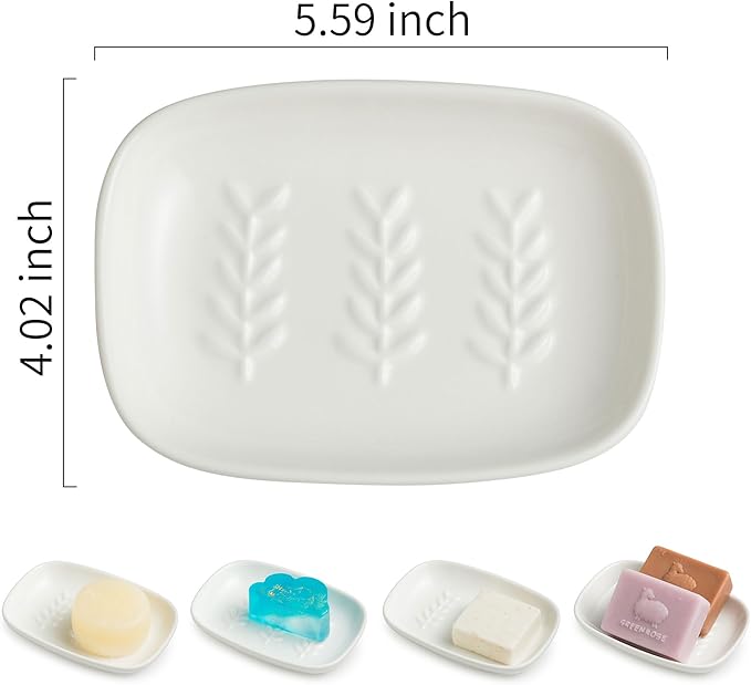 Soap Dish Soap Holder Shower, Ceramic Soap Dishes for Bar Soap Sponge, Shower Soap Dish Soap Saver Tray for Bathroom Kitchen Sink, Easy to Clean, White (Pack of 2)