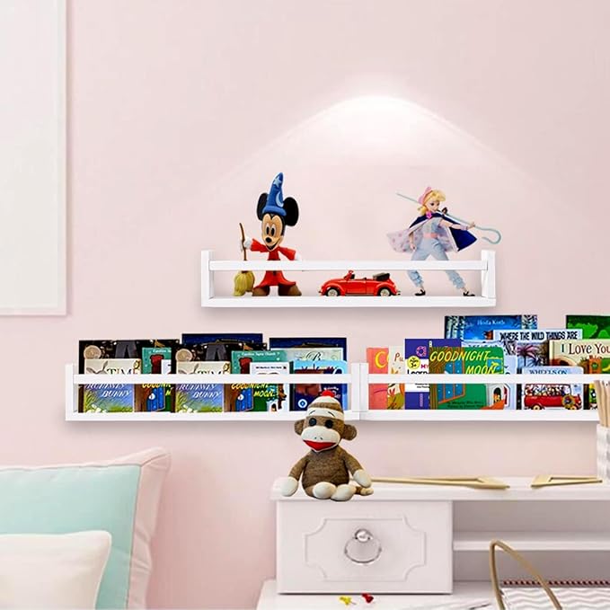 AZSKY Nursery Bookshelves White, 24 Inch Floating Bookshelves for Wall Set of 3, Baby Kids Room Decor, Solid Wood Wall Mounted Shelves for Books Storage