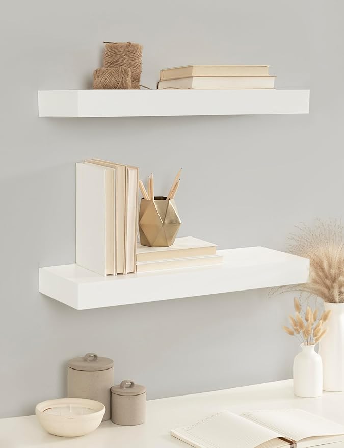 Kate and Laurel Havlock Modern Natural Floating Shelves, Set of 2, 24 x 8, White, Functional Bathroom and Kitchen Shelves for Storage and Display