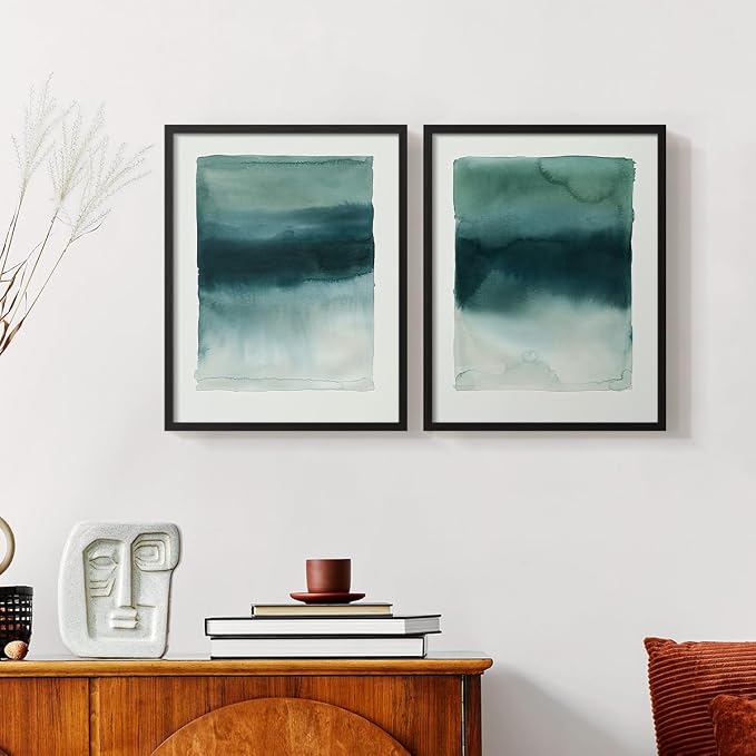 Renditions Gallery Set of 2 Peel & Stick Framed Prints, Tie Dye Abstract Wall Art, Sage Green Watercolor Horizon Wall Decor, Re-Stickable - Ready to Hang - 11"x14" - Black Frame LT588