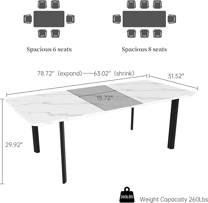 Extendable Dining Table for 6-8 People, 63 to 78.7 Inch Rectangular Table, White MDF with Sturdy Metal Legs, Space-Saving for Dining Room, Kitchen, Small Spaces
