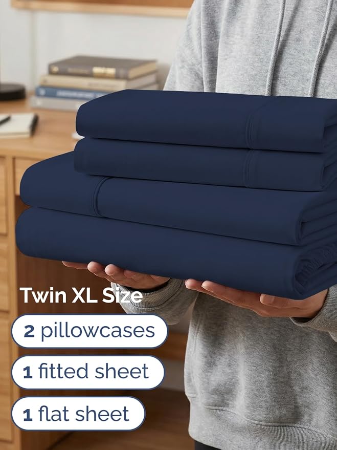 Extra Deep Twin XL Sheet Set - 4 Piece College Dorm Bed Sheets Set with Extra Deep Pockets - Ultra-Soft, Comfy & Breathable Bedding for Women, Men, Kids & Teens - Wrinkle & Fade Resistant - Navy Blue