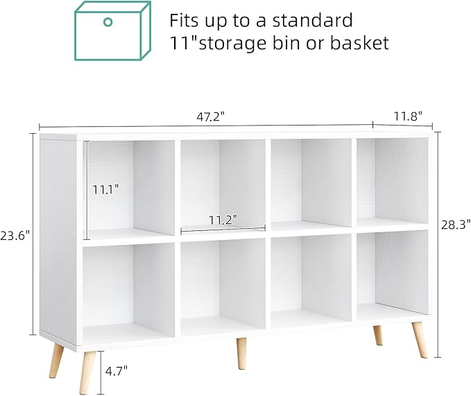 Flrrtenv 8-Cube Bookshelf 2 Tier Modern Bookcase with Legs, 11in Shelf Opening, 47" Wood Bookshelves Storage Organizer Shelf, Freestanding Open Book Shelves for Bedroom Living Room Office, White