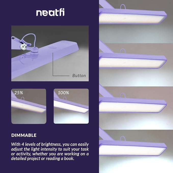 Neatfi Task Lamp – 2,500 Lumens, 30W, 22-Inch Wide Shade, 4 Brightness Levels, Eye-Caring Light, Clamp Mount, LED Task Light for Manicure Table, Crafts, Workbench, Office (Non-CCT, Lavender)