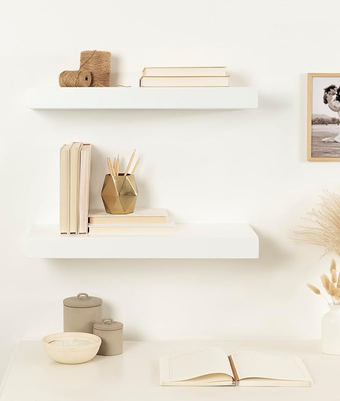 Kate and Laurel Havlock Modern Natural Floating Shelves, Set of 2, 24 x 8, White, Functional Bathroom and Kitchen Shelves for Storage and Display