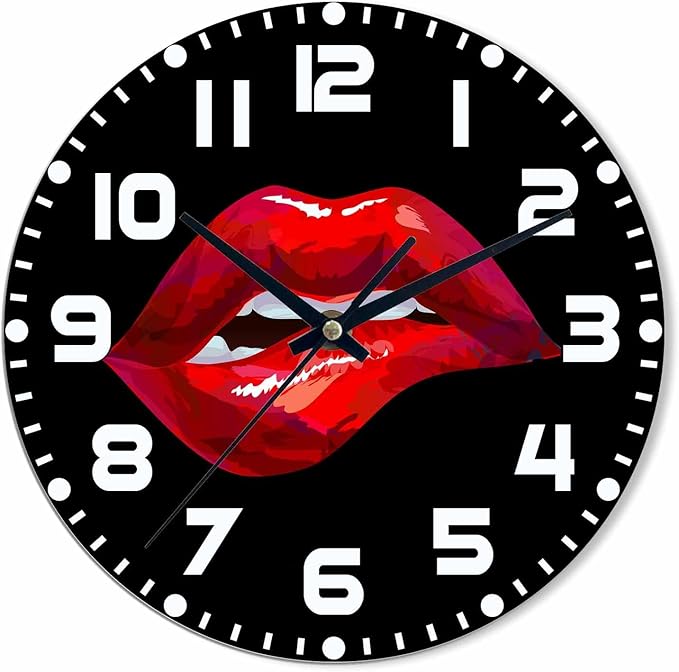 Red Lips Wall Clock Sexy Biting Lips on Black Background Battery Powered Wall Clock Silent Non Ticking 10 Inch for Living Room, Kitchen, Home,Bathroom, Bedroom