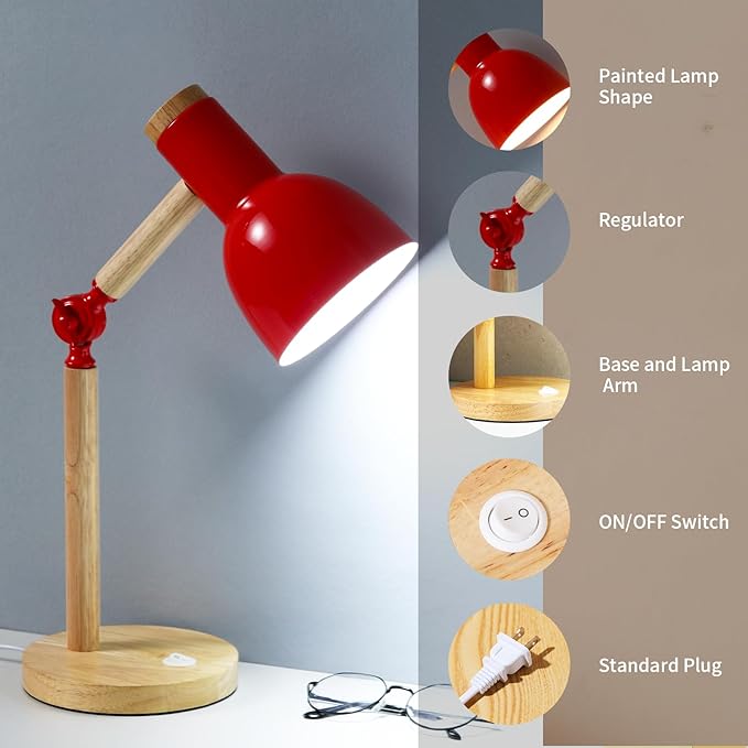 Desk Lamp,Wooden Adjustable Tri-Color Table & Bedside Lamp for Office, Living Room, Bedroom & Kids Room (red)