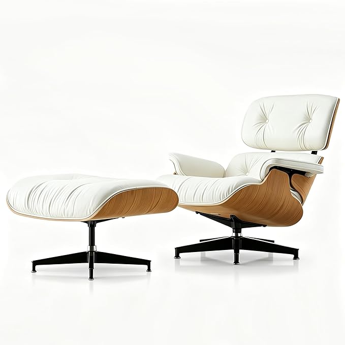 Mid Century Chaise Lounge Chair with Ottoman, Modern Retro Classic Design, PU Leather & Walnut Wood, Heavy Duty Metal Support, Comfortable for Living Room Bedroom Office（White-Premium）