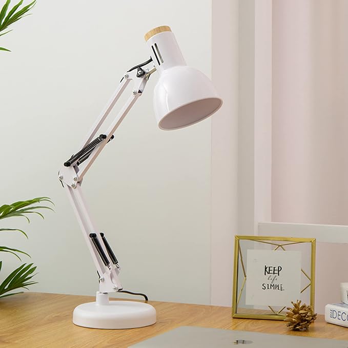 LED Desk Lamp Swing Arm Metal Table Lamp, Adjustable Architect Lamp for Home Bedroom Study Office, E27 Base Bulbs Not Included,White