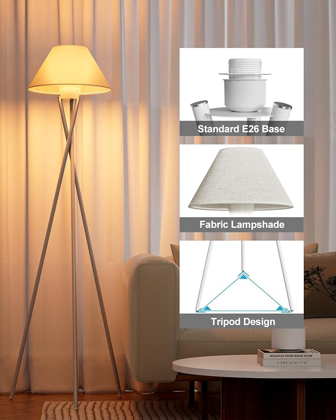 Tripod Floor Lamp, White Standing Lamps with E26 Bulb Included, Mid Century Modern Tall Lamps for Living Room Bedroom Home Decor