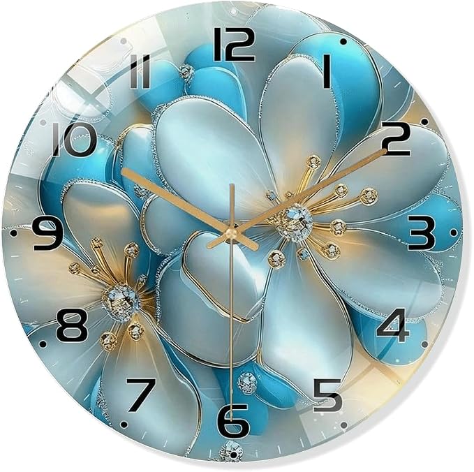 12 Inch Blue Floral Glass Wall Clock Silent Modern Art Decor | Silent glossy wall clock with 3D blue florals and jewel accents, elegantly tracking time for your living room or bedroom