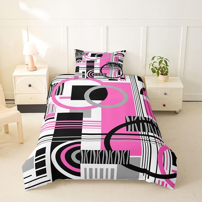 Art Deco Mid Century Duvet Cover Set Retro Modern Abstract Geometric Girl Toddler Bedding Set for Children Boys Black and White Fuchsia Circles Stripes Comforter Cover Contemporary Bed Sets