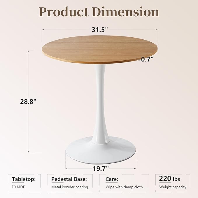 31.5 Inch Round Dining Table,Mid-Century Tulip Table with Metal Pedestal Base,Modern Leisure Table for Small Space Kitchen Dining Room,Easy Assembly,White and Oak