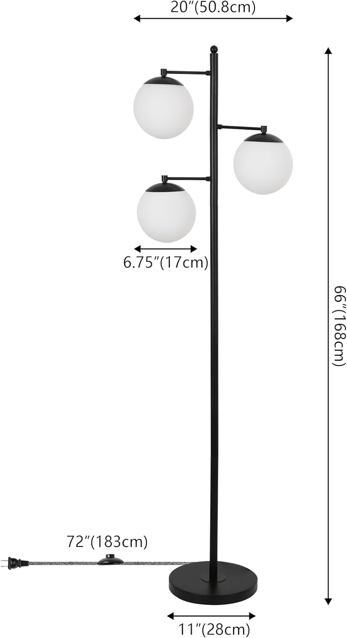 JONATHAN Y 66" Black Modern 3-Light Metal Cylinder Floor Lamp Mid-Century Tree Standing Lamp for Living Room Bedroom with White Glass Globe Shades LED Bulbs Included JYL3087B