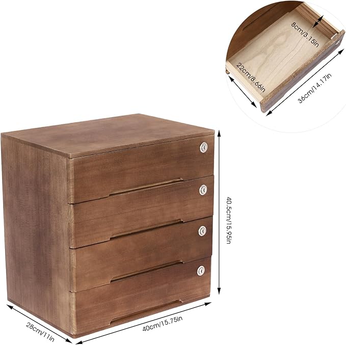 Desktop File Organizer with Lock, 2/3/4 Tier Multi-Drawer Wooden Storage Cabinet, Office Supply Organizer for Home Desk, Study & Workplace (Walnut, 4 Layers)
