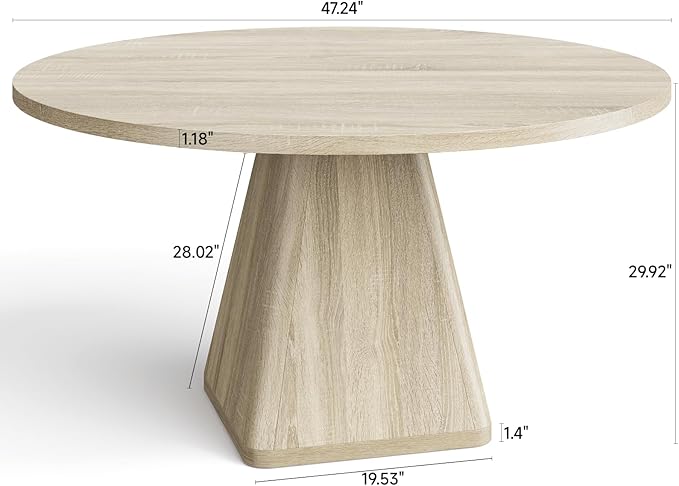 47 Inch Round Dining Table for 4-6, Circle Kitchen Table with Thickened Tabletop, Modern Dining Room Tables with Square Pedestal Base, Dinner Tables for Kitchen Small Space, Oak (Table Only)