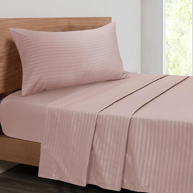 Mejoroom Striped Twin Sheet Set - Hotel Collection Twin Sheets - Bedding Sheets & Pillowcases with Deep Pocket Fitted Sheet, Breathable, Wrinkle & Fade Resistant - 3 Piece (Dusty Pink)