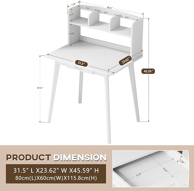 IOTXY Small Writing Desk with Hutch - 31.5" Work Computer Study Table with Drawer for Home and Office, White