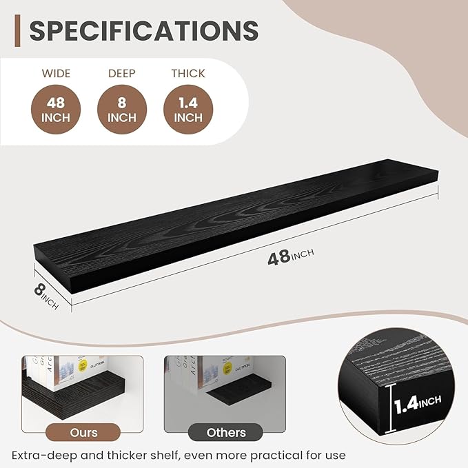 48 Inch Floating Shelves, 8 Inch Deep Floating Shelves for Wall, Hanging Shelf with Invisible Brackets, Deep Shelves for Bathroom, Bedroom, Living Room, Black, Set of 2