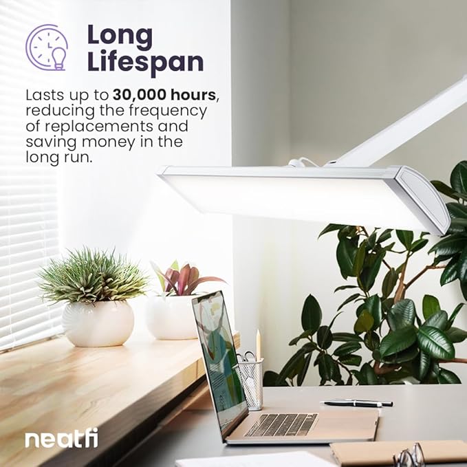 Neatfi Ultra Desk Lamp – 3,500 Lumens, 45W LED, 26-Inch Wide Shade, 5 Brightness Levels, Clamp Mount, Shadow-Free, Non-Flickering Light (Non-CCT with Clamp, White)