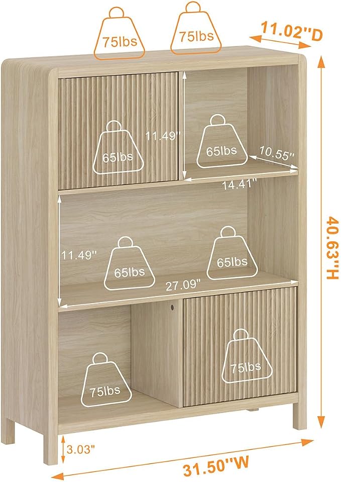 FATORRI Cube Bookshelf with 2 Doors, Wood Bookcase with Storage, Modern 5 Cubby Book Shelf for Home Office Living Room (Light Walnut)