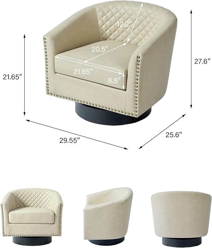 Swivel Barrel Accent Chair, Comfy Modern Upholstered Round Faux Leather Arm Chair for Living Room, Bedroom - Beige, Set of 2