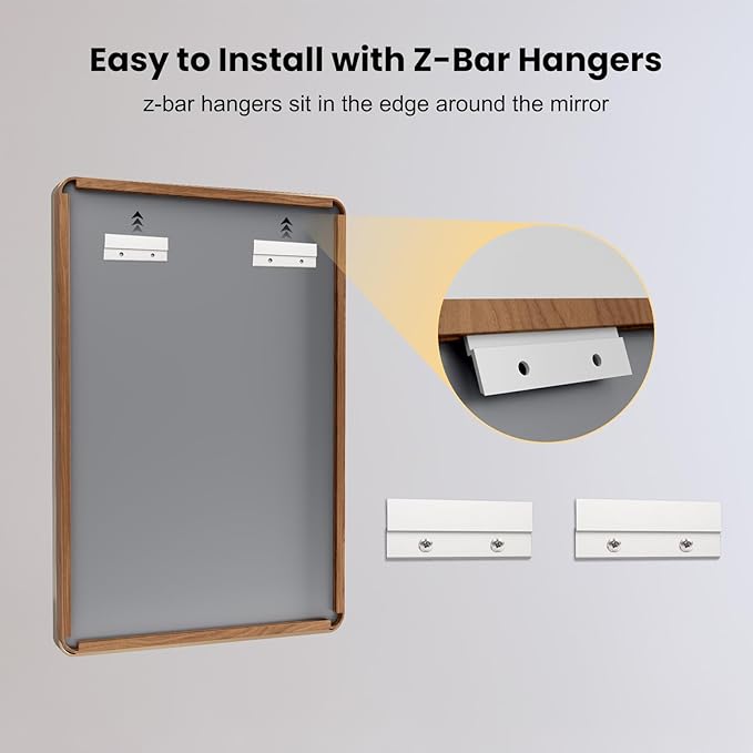 LOAAO 48X40 Inch Bathroom Mirror with Wood Grain Colored Metal Frame, Rounded Rectangle Metal Framed Bathroom Mirror, Anti-Rust, Hangs Horizontally or Vertically, Tempered Glass
