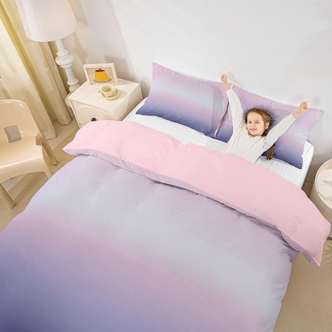 Erosebridal Pink and Purple Bedding Set Queen Modern Ombre Duvet Cover for Kids Teens Abstract Rainbow Comforter Cover Watercolor Artwork Bed Set with Zipper