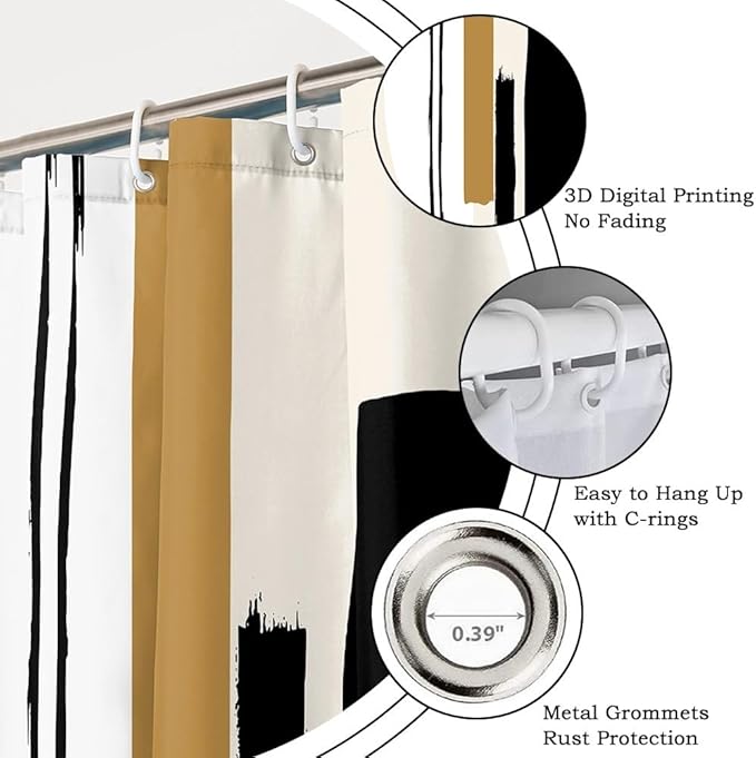 Abstract Geometric Shower Curtain for Bathroom Modern Minimalist Neutral Bathroom Decor Set Black and Beige Bathtub Curtain for Hotel Machine Washable Waterproof Polyester Fabric with Hooks 69x70 Inch