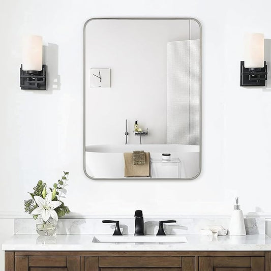 Bathroom Mirror Brushed Nickel, 28 x 36 Inch Metal Frame Rectangle Mirror Rounded Silver Modern Vanity Mirror Anti-Rust for Bathroom, Farmhouse Wall Mounted Vertically/Horizontally