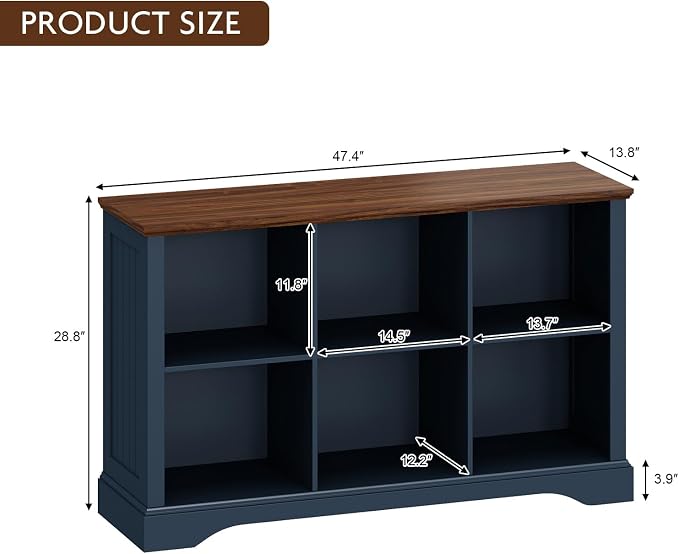 6 Cube Storage Organizer - 47.4" Farmhouse Wood Low Bookshelf, 3 Tier Horizontal Open Shelf Bookcase Cubby Storage Console Cabinet for Living Room, Entryway, Office, Navy Blue