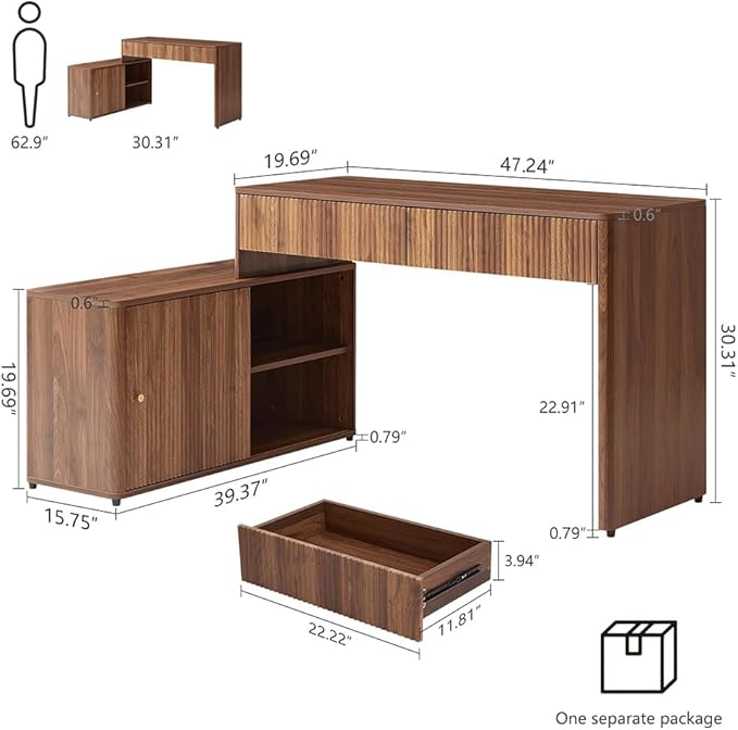 Modern Computer PC Desk Table with Storage, Corner L Shaped Desk with Drawers, Home Office Desk for Bedroom and Small Space, for Writing, Executive, Study, Work, Vanity - Walnut