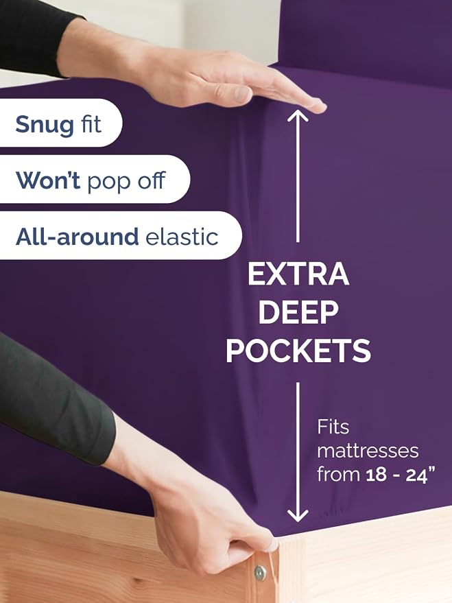 Extra Deep Split King Sheet Set - 7 Piece Breathable and Cooling Sheets - Hotel Luxury Bedding for Women, Men, Kids & Teens - Easy & Secure Fit - Soft and Wrinkle Free - Extra Deep Pockets - Purple