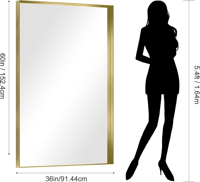 CIRCUMI Gold Bathroom Mirror, 36"x60" Rectangular Mirror with Deep Metal Frame, Brushed Finish, Tempered Glass, Large Mirror for Wall, Over 2 Sinks, Installed Vertically/Horizontally, Crystal-Clear