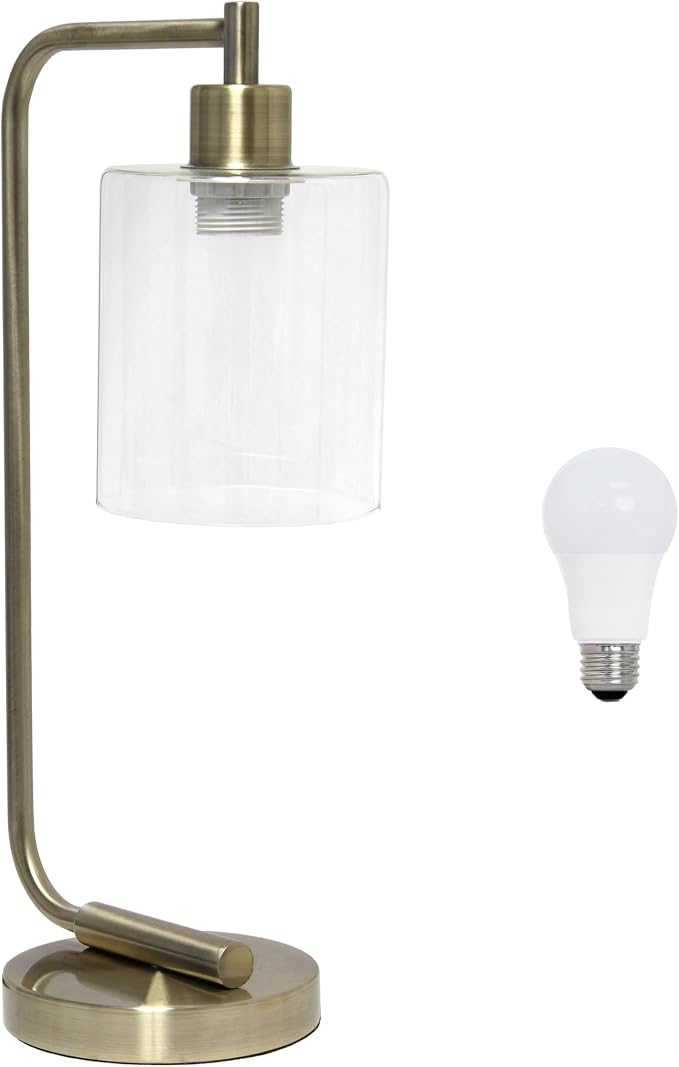 Simple Designs LD1036-ABS-LB 18.8" Industrial Bronson Antique Style Iron Lantern Desk Table Lamp with Glass Shade for Office, Living Room, Bedroom, Antique Brass, with Feit LED Bulb Included