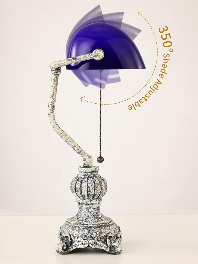 Retro Blue Glass Bankers Desk Lamp for Home Office,Library with Pull Chain Switch Plug in Fixture, LED Bulb Included