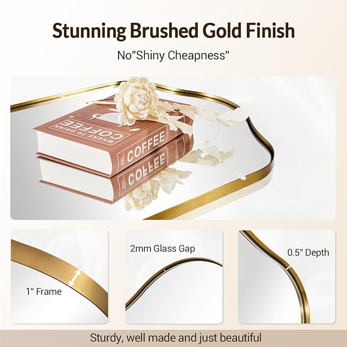 ANDY STAR Brass Scalloped Arched Wall Mirror, 24x36 Brushed Gold Irregular Bathroom Mirror with Curved Design for Vanity, Powder Room, Fireplace, Mantel, with Stainless Steel Metal Frame