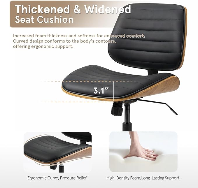 Sytopia Small Desk Chair for Home Office, Adjustable Height Swivel Armless Office Chair No Arms, Mid Century Modern Chair with Wheels, Walnut Wooden Sturdy Furniture, Easy Assembly, Vintage Black
