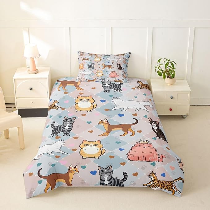 Erosebridal Cat Toddler Bedding Set Cute Kitten Duvet Cover Kawaii Pet Animals Comforter Cover for Kids Girls Boys Adults Hearts & Paw Pastel Argyle Patchwork Plaid Bed Set