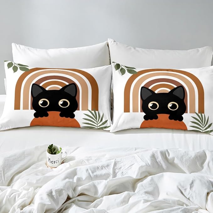 Erosebridal Cartoon Cat Comforter Cover King Vintage Mid Century Bedding Set Modern Minimalism Animal Duvet Cover for Kids Girls Boys Adults Boho Abstract Geometric Bed Set