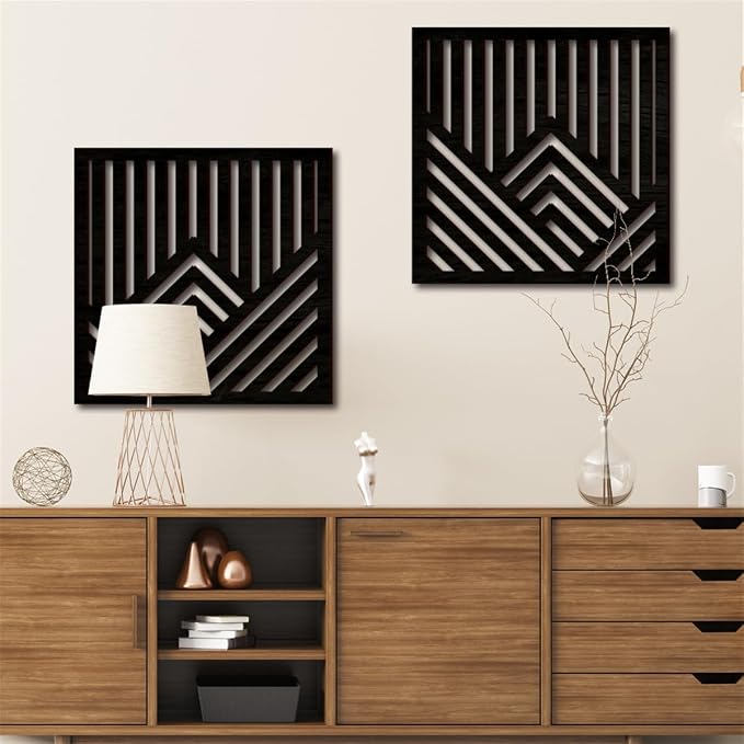 Geometric Mountain Wood Wall Art Decor, 2 Pcs Modern Mountain Wall Sculptures Wooden Square Hanging Abstract Panels, 3D Square Hollow Wood Art Wall Decor for Home Office Living Room Bedroom (Black)