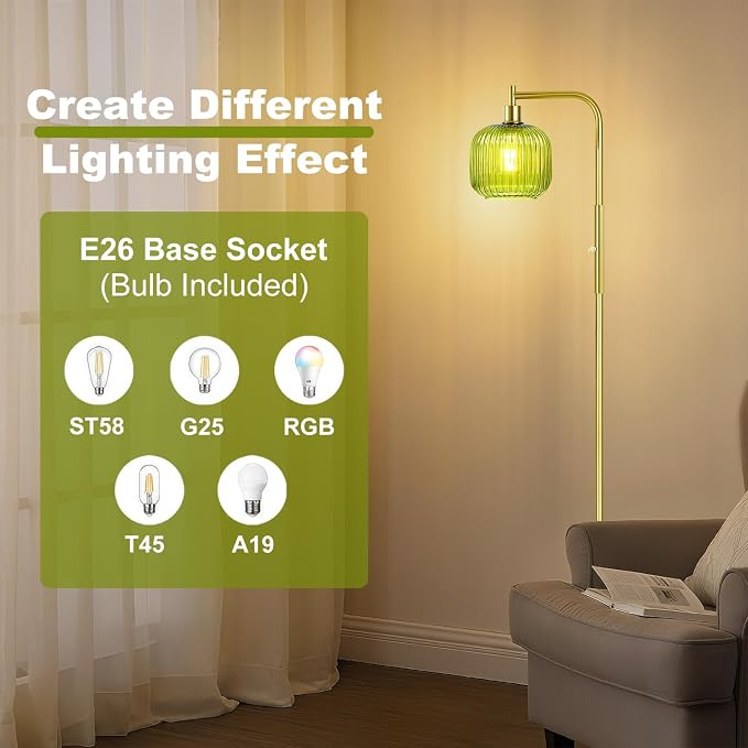 Vinaco Glass Arc Floor Lamps for Living Room, Brused Gold Floor Lamp with Ribbed Glass Shade, Dimmable Tall Lamps with Rotary Switch, Modern Standing Lamp with Bulb Included for Bedroom, Study Room