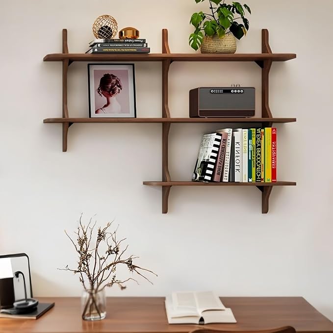 Mid-Century L-Shaped Floating Wall Shelf, 3-Tired Wood Wall Mounted Bookcase, Creative Grid Display Shelf for Indoor, Cafe(Walnut,Large)