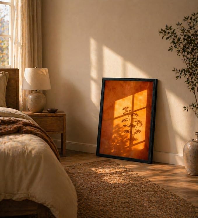 Framed Sunset Wall Art, Orange Window Shadow Poster Print, Minimalist Botanical Silhouette Picture Painting, Modern Aesthetic Picture Wall Decor for Bedroom Living Room 12x16 Inches