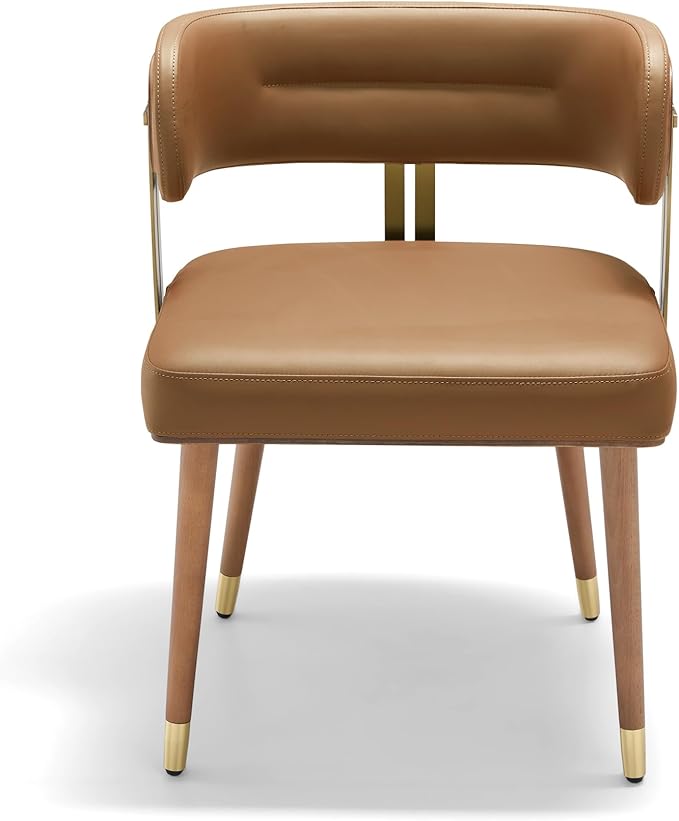 Modern Upholstered Leather Dining Chairs with High-Resilience Foam Cushion, Walnut Wood Veneer&Gold Metal Legs, 22Lx20.5Wx28.3H Inches, Anti-Slip Kitchen Chairs for Dining Room,Light Brown