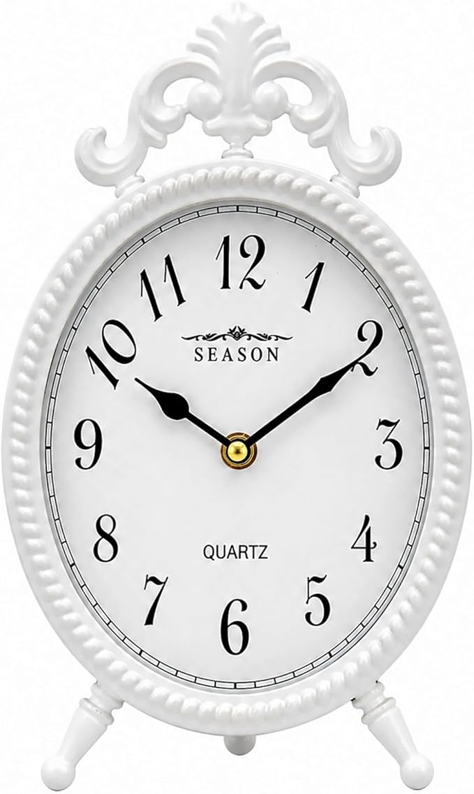 Battery Operated French Vintage Table Clock, 10.8" Small European Shabby Chic Mantel Clock with Ornate Scrollwork, Retro Desk Clock Quartz Silent Non-Ticking for Living Room, Bedside, Fireplace Decor