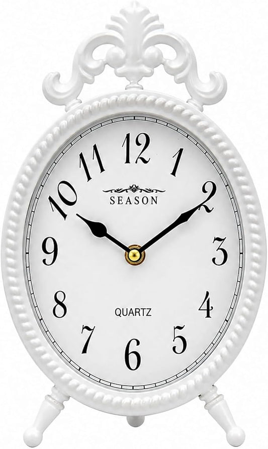 Battery Operated French Vintage Table Clock, 10.8" Small European Shabby Chic Mantel Clock with Ornate Scrollwork, Retro Desk Clock Quartz Silent Non-Ticking for Living Room, Bedside, Fireplace Decor
