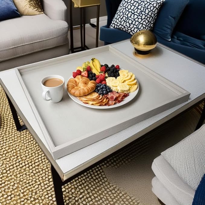 20 x 20 inches Luxury Leather Square Oversized Service Tray, Ottoman & Coffee Tray for Family Dinner, Out-of-House Picnic & Party (Beige)