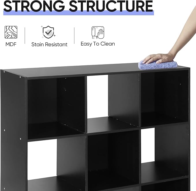 SUPER DEAL 9 Cube Open Shelf Bookcase 3 Tier Bookshelf Wood Cabinet Storage Organizer Display Shelves with 5 Removable Back Panels for Home, Office, Bedroom, Living Room, Black