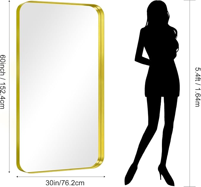 CIRCUMI Gold Bathroom Mirror, 30"x60" Rectangular Mirror with Deep Metal Frame, Rounded Corner, Tempered Glass, Large Mirror for Wall, Over 2 Sinks, Installed Vertically/Horizontally, Crystal-Clear